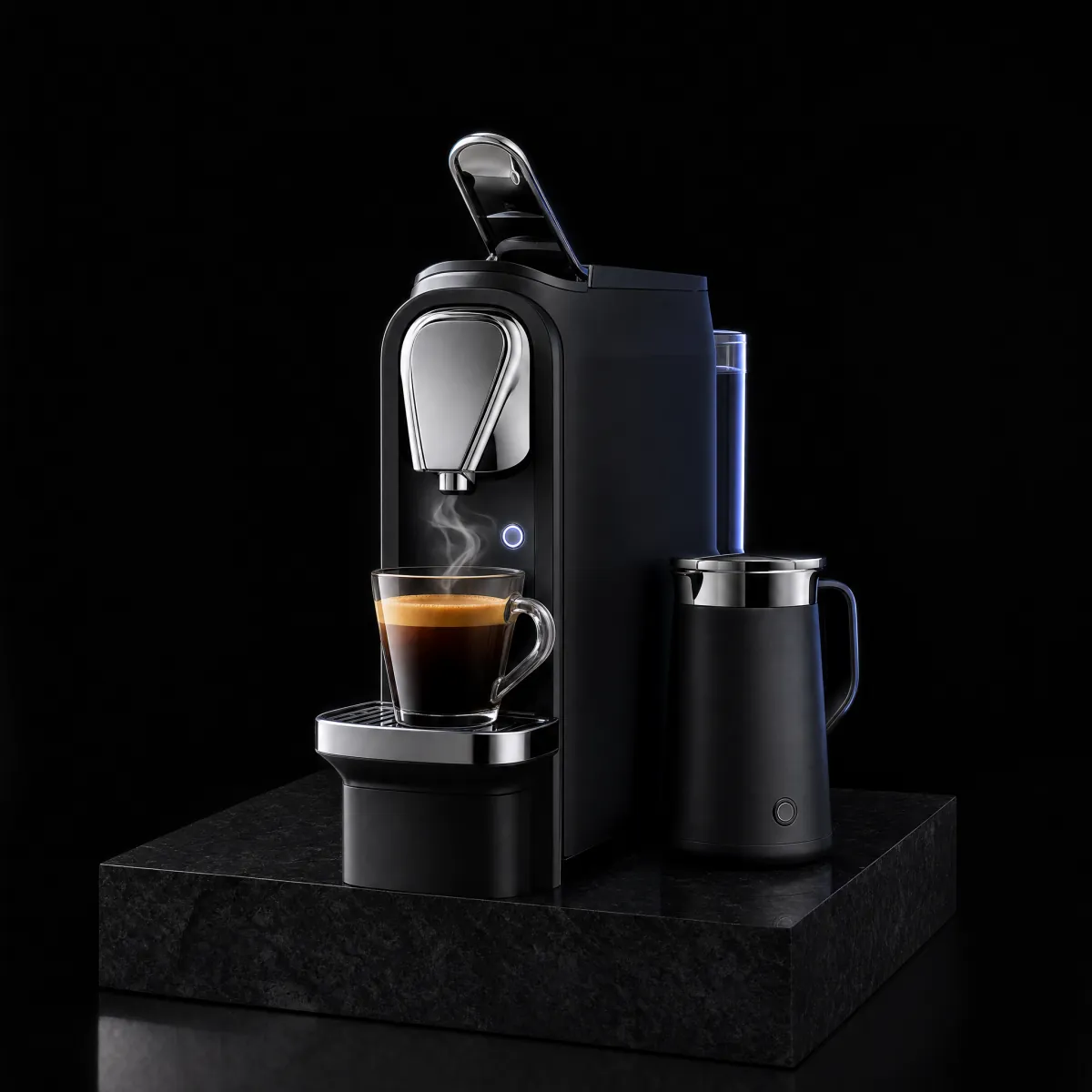 The Lumen, a sample capsule espresso machine in matt black, with a chrome lever and spout, a glass cup of espresso on its cup stand, a matching milk frother beside it and a blue water tank at the back, on a black stone plinth.